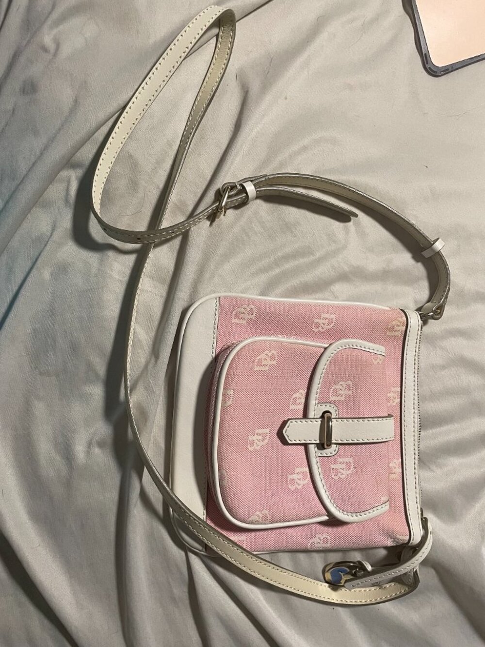 Dooney & Bourke Canvas Letter Carrier Pink & White Monogram Crossbody - Picture 12 of 13